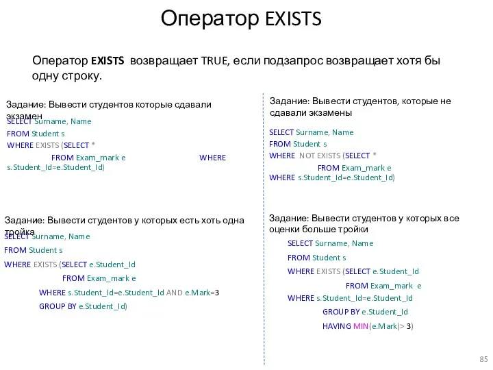 Оператор EXISTS SELECT Surname, Name FROM Student s WHERE EXISTS