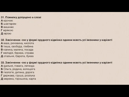 31. Помилку допущено в слові A кручою Б шахтарем В