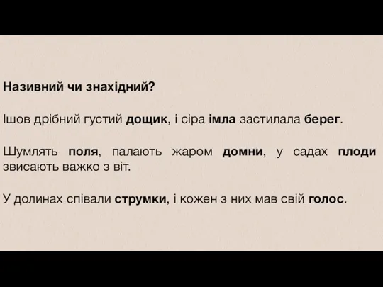 Називний чи знахідний? Ішов дрібний густий дощик, і сіра імла