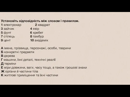 Установіть відповідність між словом і правилом. 1 електрокар 2 квадрат