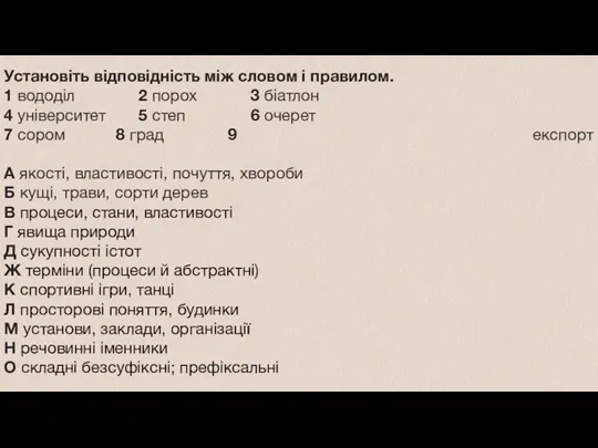 Установіть відповідність між словом і правилом. 1 вододіл 2 порох