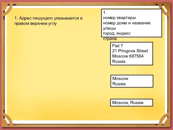 1. номер квартиры номер дома и название улицы город, индекс