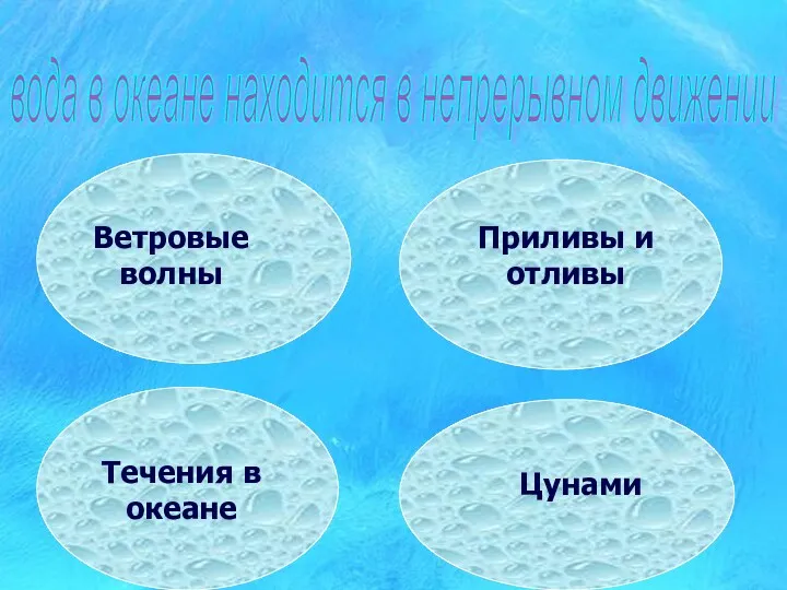 Ветровые волны Приливы и отливы Течения в океане Цунами вода в океане находится в непрерывном движении