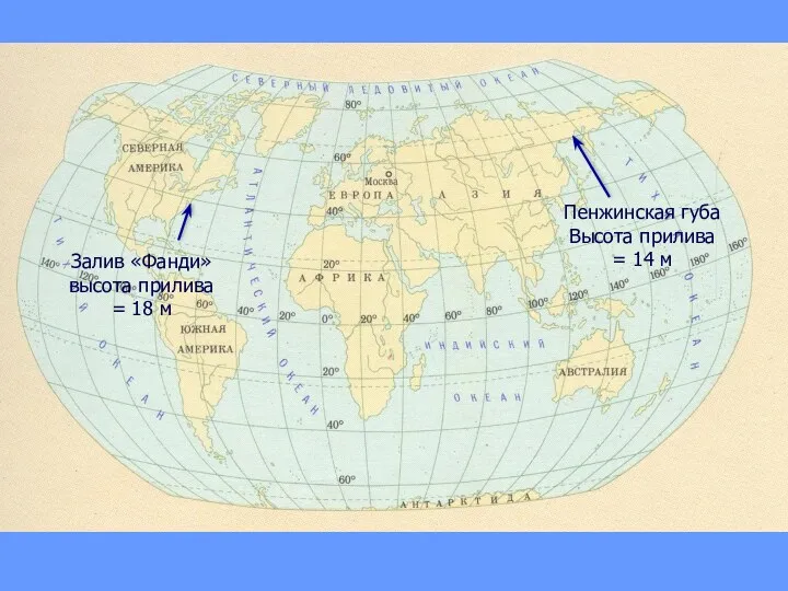 Залив «Фанди» высота прилива = 18 м Пенжинская губа Высота прилива = 14 м