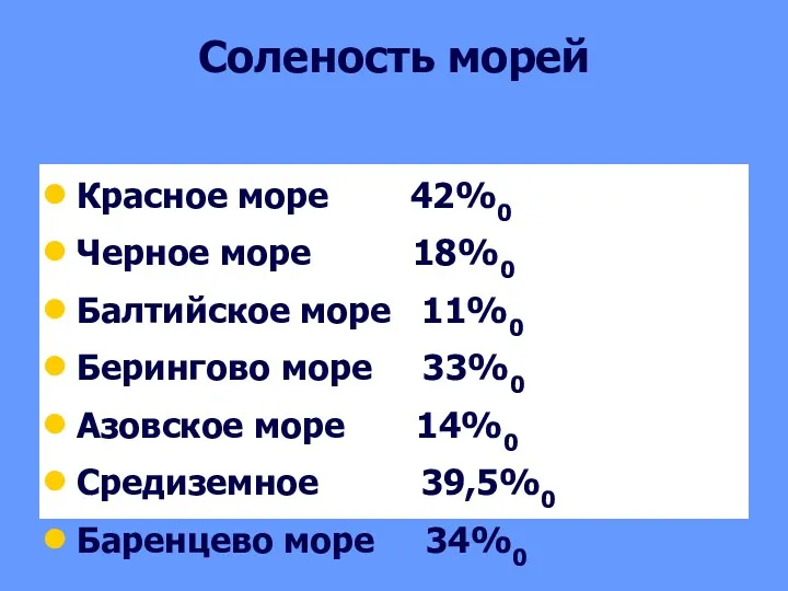 Соленость морей Красное море 42%0 Черное море 18%0 Балтийское море