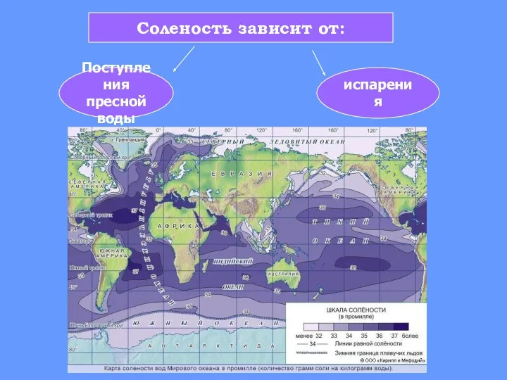 Соленость зависит от: Поступления пресной воды испарения