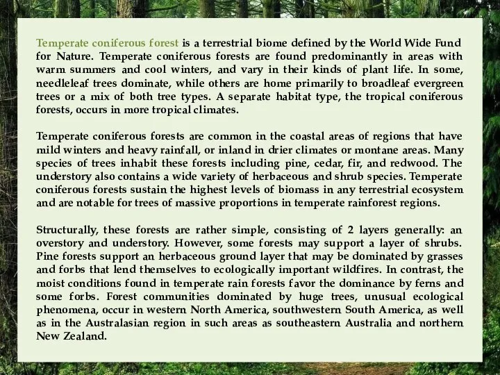 Temperate coniferous forest is a terrestrial biome defined by the