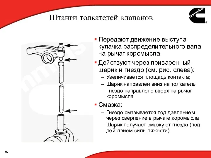 Штанги толкателей клапанов Передают движение выступа кулачка распределительного вала на