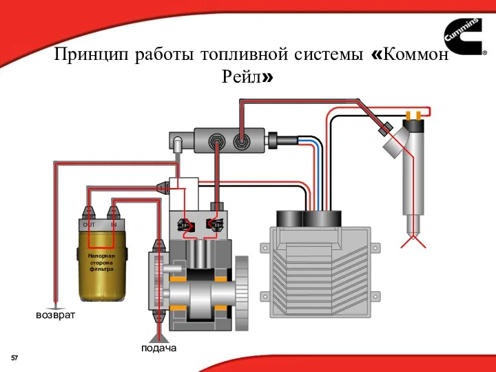 OUT IN Напорная сторона фильтра возврат подача Принцип работы топливной системы «Коммон Рейл»