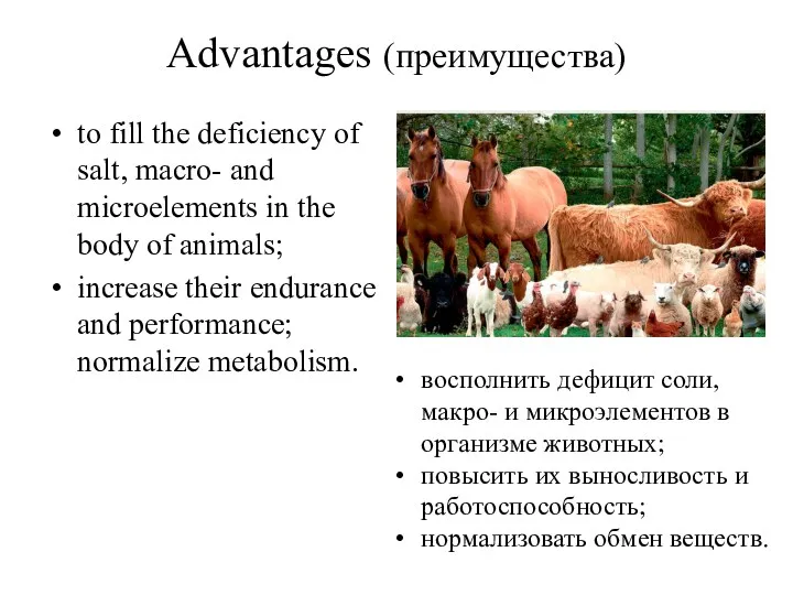 Advantages (преимущества) to fill the deficiency of salt, macro- and
