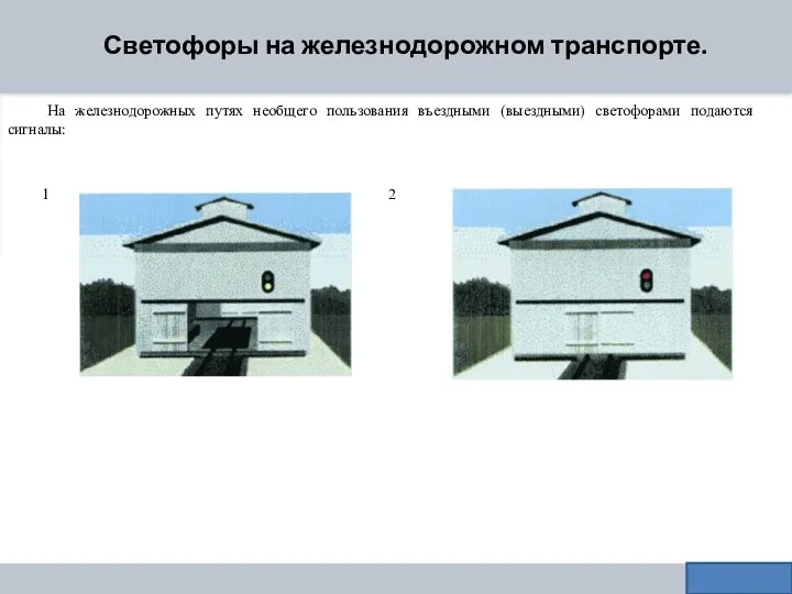 Светофоры на железнодорожном транспорте. 1 2 На железнодорожных путях необщего пользования въездными (выездными) светофорами подаются сигналы: