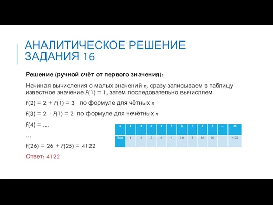 АНАЛИТИЧЕСКОЕ РЕШЕНИЕ ЗАДАНИЯ 16 Решение (ручной счёт от первого значения):