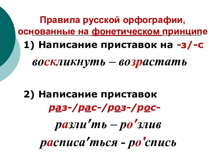 Правила русской орфографии, основанные на фонетическом принципе 1) Написание приставок