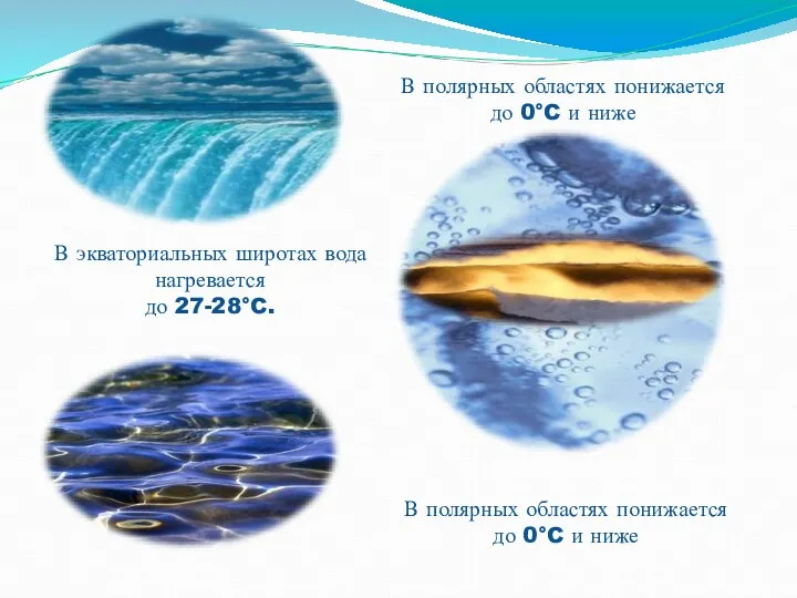 В экваториальных широтах вода нагревается до 27-28°C. В полярных областях