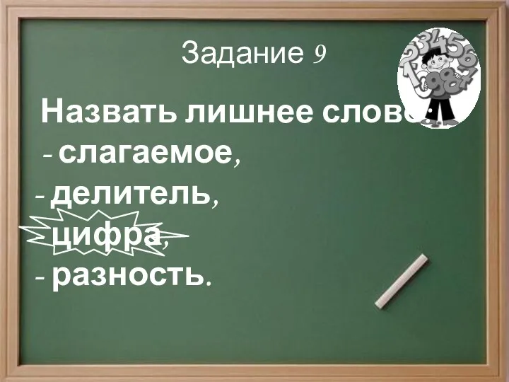 Задание 9 Назвать лишнее слово: - слагаемое, - делитель, - цифра, - разность.