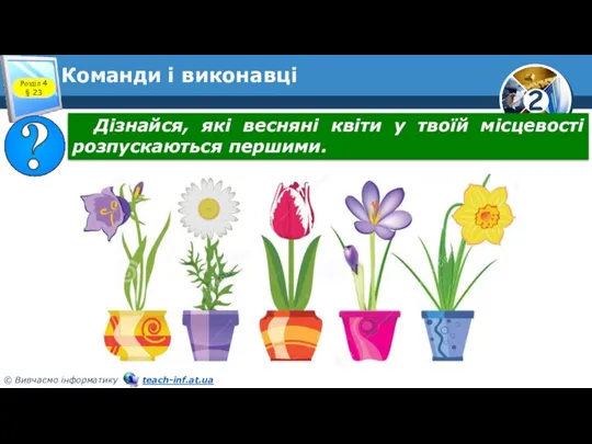 Команди і виконавці Розділ 4 § 23 Дізнайся, які весняні квіти у твоїй місцевості розпускаються першими.