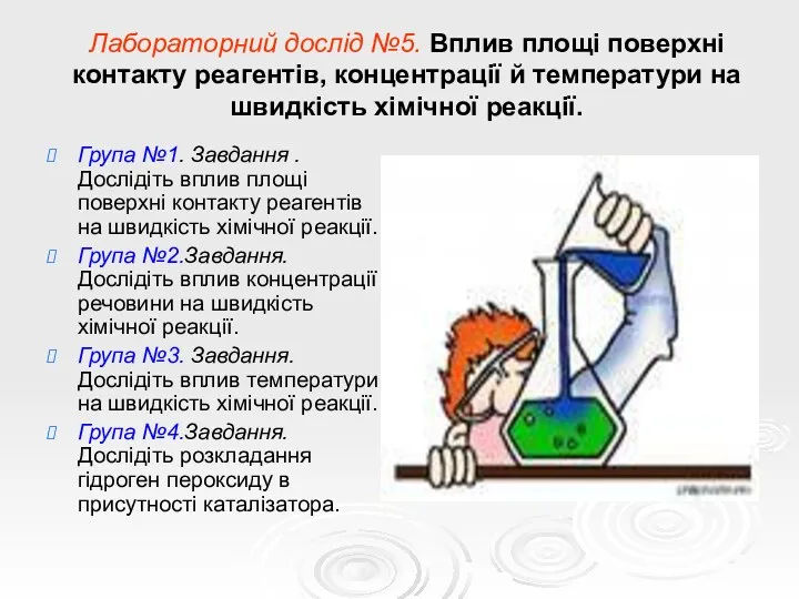 Лабораторний дослід №5. Вплив площі поверхні контакту реагентів, концентрації й