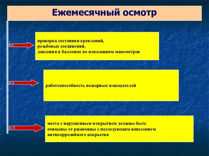 Ежемесячный осмотр проверка состояния креплений, резьбовых соединений, давления в баллонах