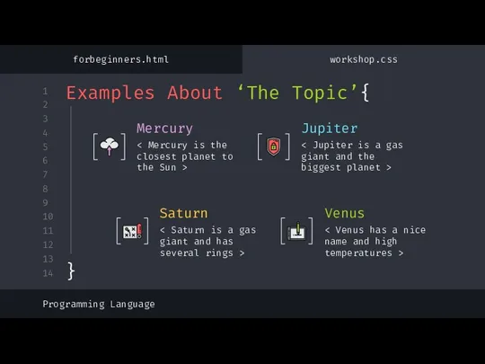 Mercury Jupiter Saturn Venus Examples About ‘The Topic’{ Programming Language forbeginners.html workshop.css