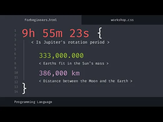 9h 55m 23s { 333,000.000 386,000 km Programming Language forbeginners.html workshop.css