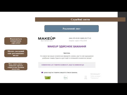 Службові листи Рекламний лист Надсилається конкретному адресатові Містить докладний опис