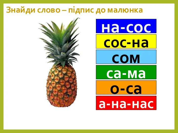 Знайди слово – підпис до малюнка на-сос сос-на сом са-ма о-са а-на-нас