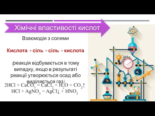 Хімічні властивості кислот Взаємодія з солями Кислота + сіль =