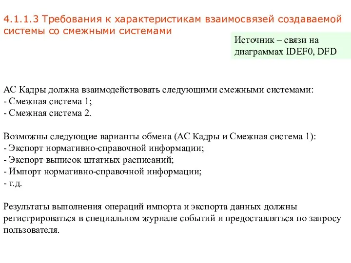 4.1.1.3 Требования к характеристикам взаимосвязей создаваемой системы со смежными системами АС Кадры должна