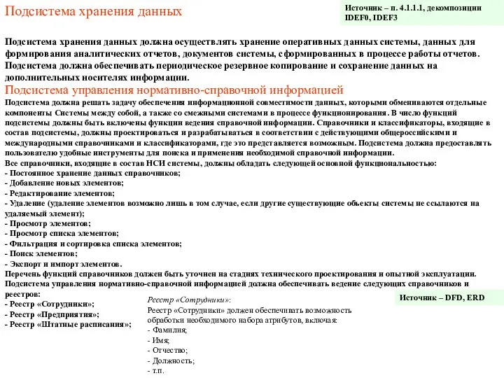 Источник – п. 4.1.1.1, декомпозиции IDEF0, IDEF3 Подсистема хранения данных Подсистема хранения данных