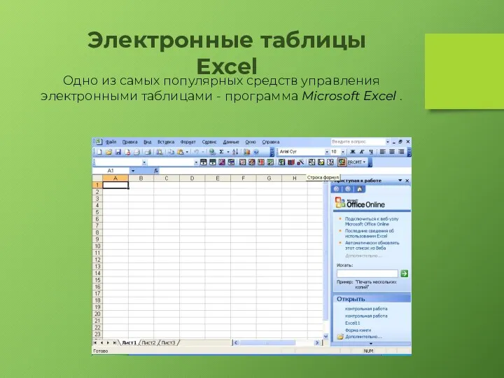 Электронные таблицы Excel Одно из самых популярных средств управления электронными таблицами - программа Microsoft Excel .