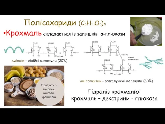 Полісахариди (С6Н10О5)n Крохмаль складається із залишків α-глюкози амілоза – лінійні