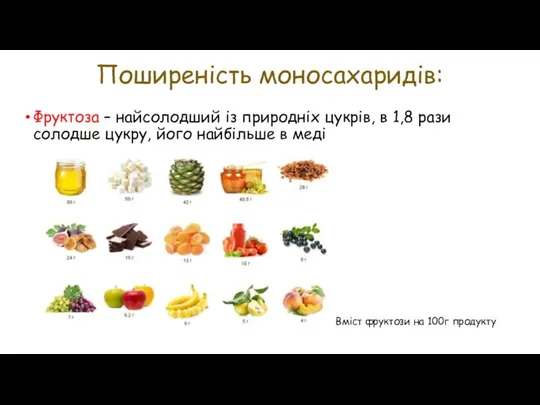 Поширеність моносахаридів: Фруктоза – найсолодший із природніх цукрів, в 1,8