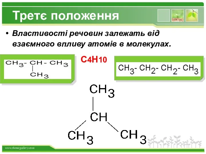 Третє положення Властивості речовин залежать від взаємного впливу атомів в молекулах. С4Н10