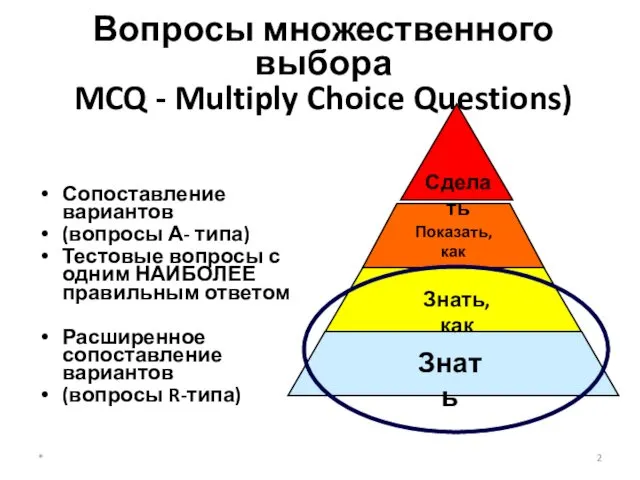 * Вопросы множественного выбора MCQ - Multiply Choice Questions) Сопоставление