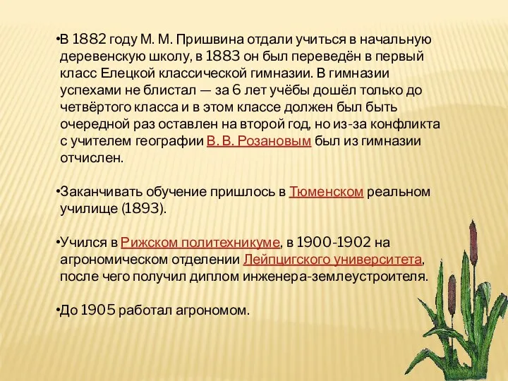 В 1882 году М. М. Пришвина отдали учиться в начальную