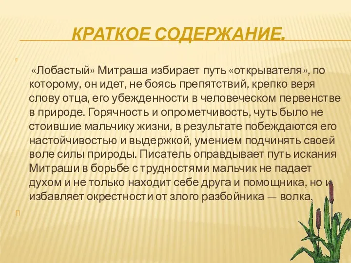 КРАТКОЕ СОДЕРЖАНИЕ. «Лобастый» Митраша избирает путь «открывателя», по которому, он