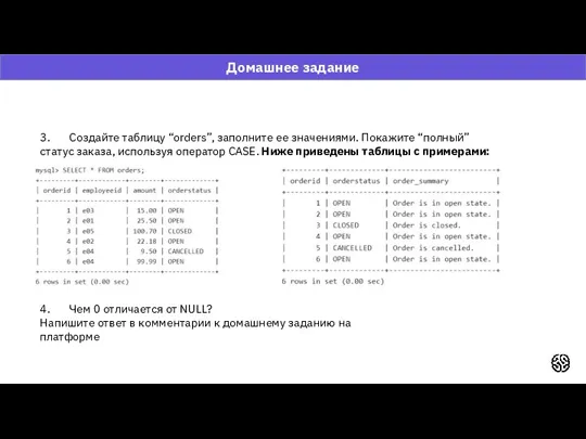 Домашнее задание 3. Создайте таблицу “orders”, заполните ее значениями. Покажите