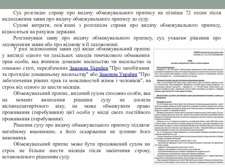 У разі задоволення заяви суд видає обмежувальний припис у вигляді