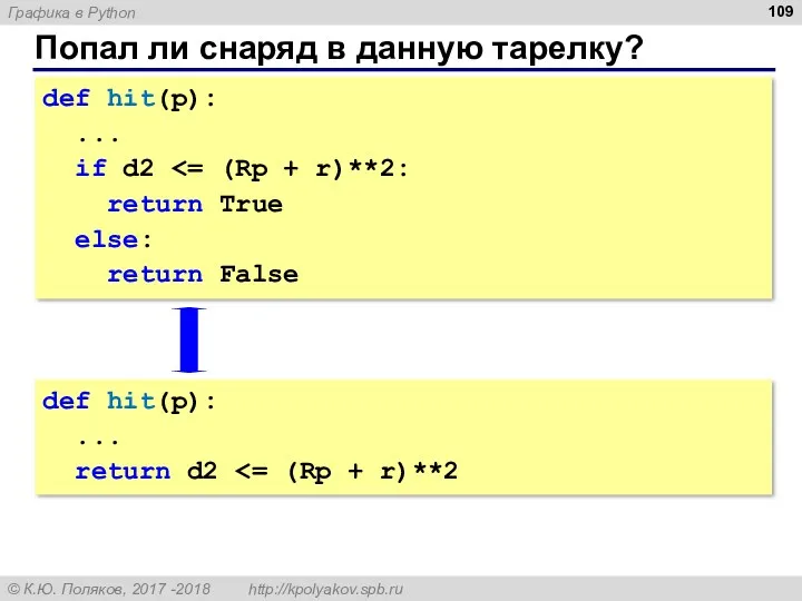 Попал ли снаряд в данную тарелку? def hit(p): ... if