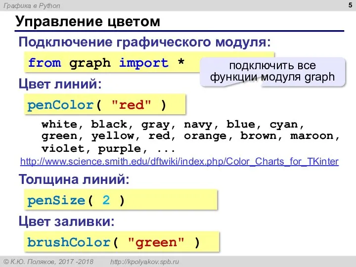 Управление цветом Подключение графического модуля: from graph import * подключить