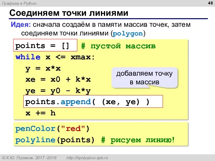 Соединяем точки линиями Идея: сначала создаём в памяти массив точек,