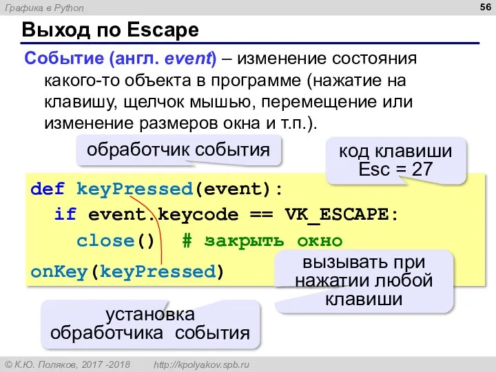 Выход по Escape Событие (англ. event) – изменение состояния какого-то