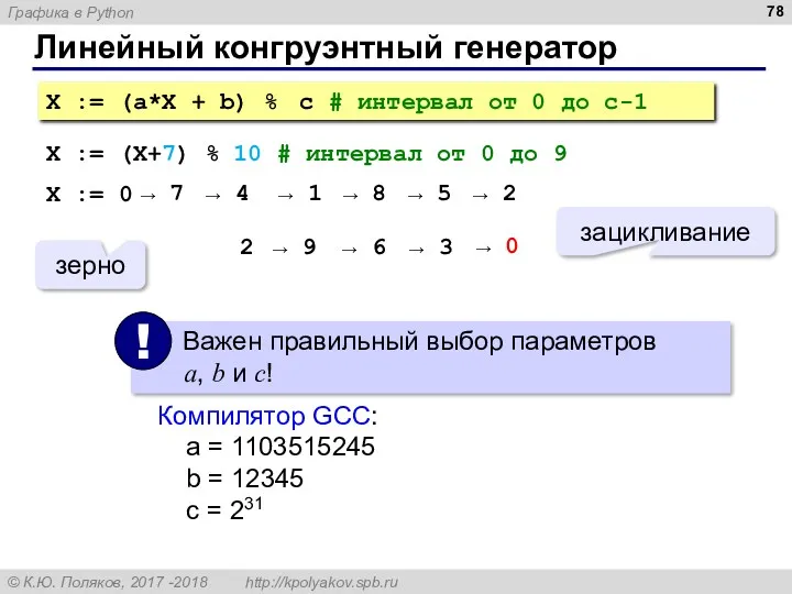 Линейный конгруэнтный генератор X := (a*X + b) % c