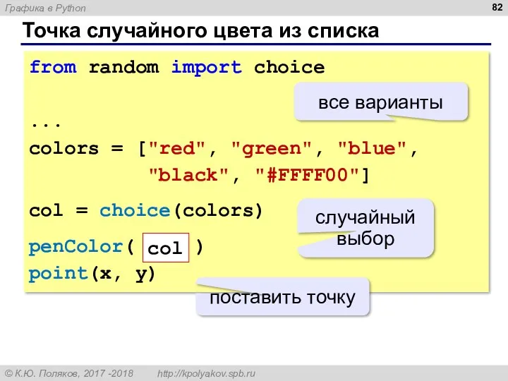Точка случайного цвета из списка from random import choice ...