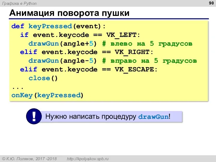 Анимация поворота пушки def keyPressed(event): if event.keycode == VK_LEFT: drawGun(angle+5)