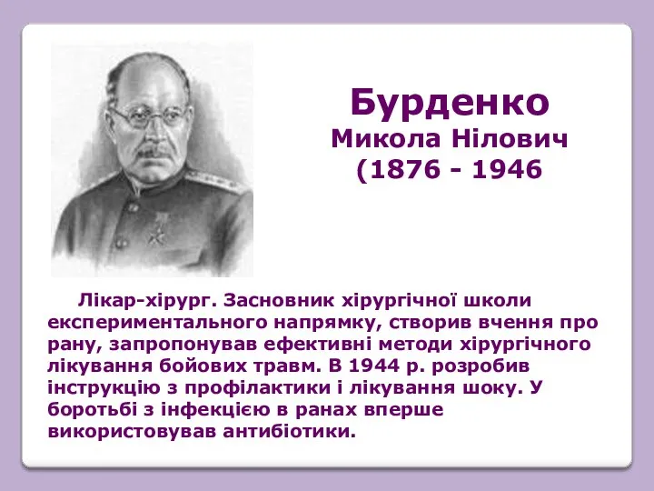 Бурденко Микола Нілович (1876 - 1946 Лікар-хірург. Засновник хірургічної школи