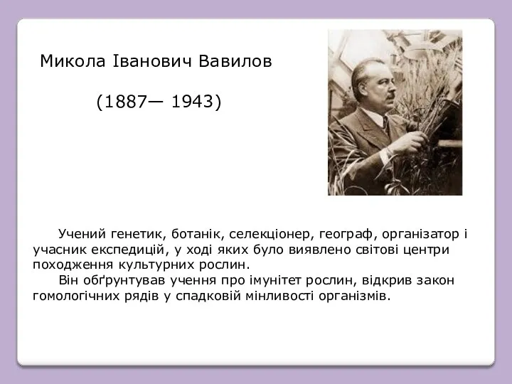 Микола Іванович Вавилов (1887— 1943) Учений генетик, ботанік, селекціонер, географ,