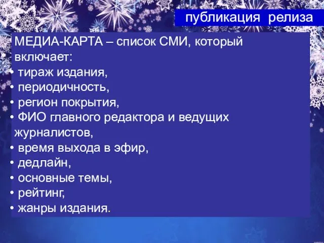 публикация релиза МЕДИА-КАРТА – список СМИ, который включает: тираж издания,