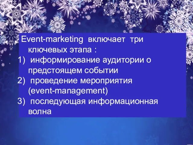 Event-marketing включает три ключевых этапа : информирование аудитории о предстоящем