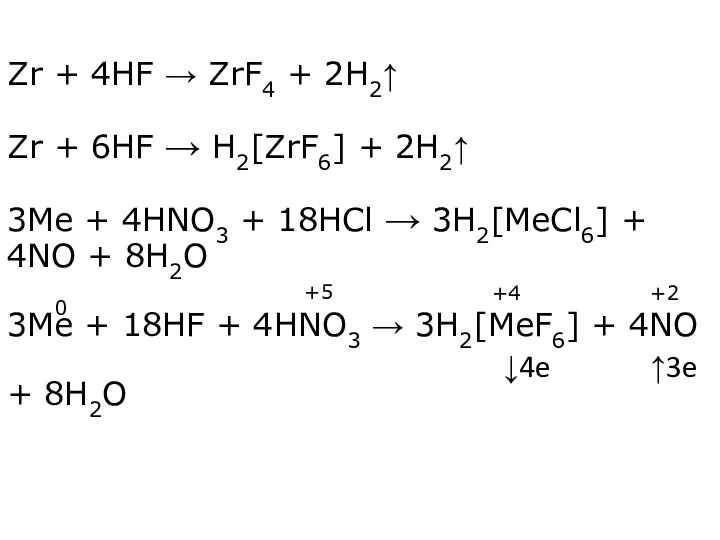 Zr + 4HF → ZrF4 + 2H2↑ Zr + 6HF